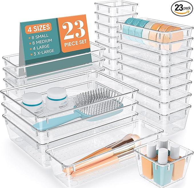 StorMiracle 23 PCS Clear Plastic Drawer Organizers Set, 4 Size Desk Drawer Organizer Trays for Makeup, Jewelry, Kitchen Utensils, Gadgets and Office Accessories by StorMiracle