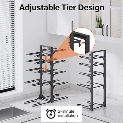 MUDEELA 10-Tier Pots and Pans Organizer under Cabinet, 23.62" Height Heavy Duty Pot and Pan Organizer Kitchen Cabinet Organization and Storage, Adjustable Pot Rack for Frying Pan, Cast Iron Skillet - Image 6