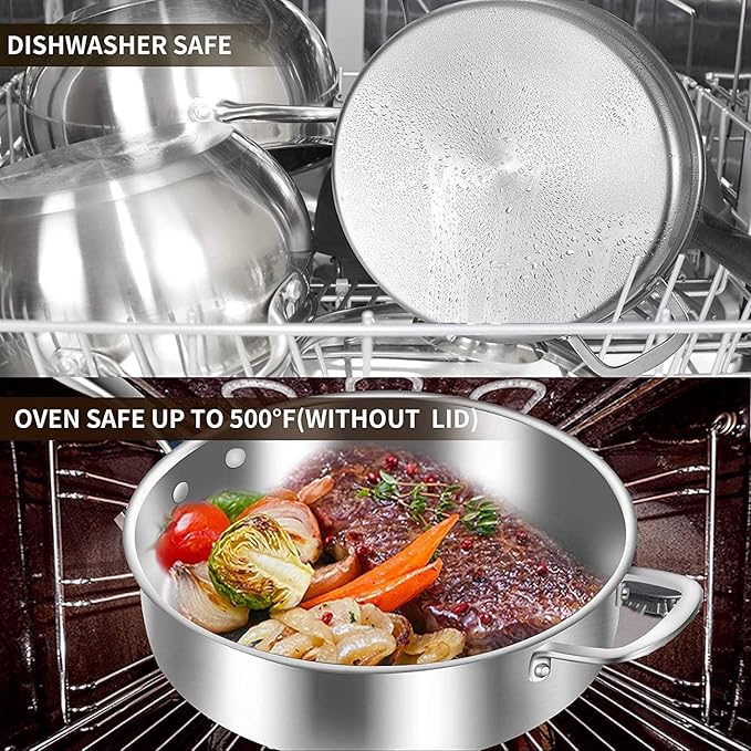 LOLYKITCH 10 Inch Tri-Ply Stainless Steel Sauté Pan with Lid,3 QT Deep Frying Pan,Small Skillet,Jumbo Cooker,Induction Cooking Pan,Dishwasher and Oven Safe,Detachable Handle - Image 6