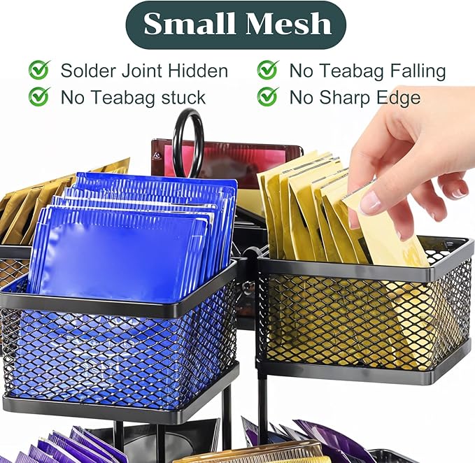 Tea Bag Organizer, Tea Bag Storage Holder Spinning Carousel 96 Teabags Container, Lazy Susan Coffee Creamer Sweetener Tea Caddy for Kitchen Counter Cabinet Pantry Shelf Organizer