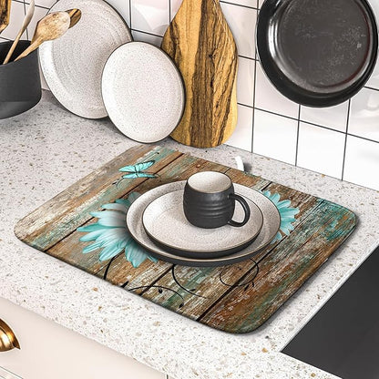 Giwawa Rustic Daisy Dish Drying Mat for Kitchen Countertop 16x18 inch Fall Teal Sunflowers on Wooden Board Dish Drainer Mats Fast Drying Country Vintage Shabby Chic Flower Dish Drying Pad Cabin Decor