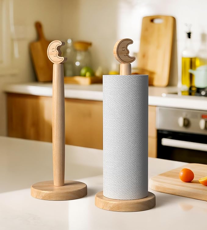 KitchLife Cute Wooden Paper Towel Holder Countertop - Solid Freestanding Paper Towel Dispenser Stand Organizer with Anti-Skid Base (Moon) - Image 7