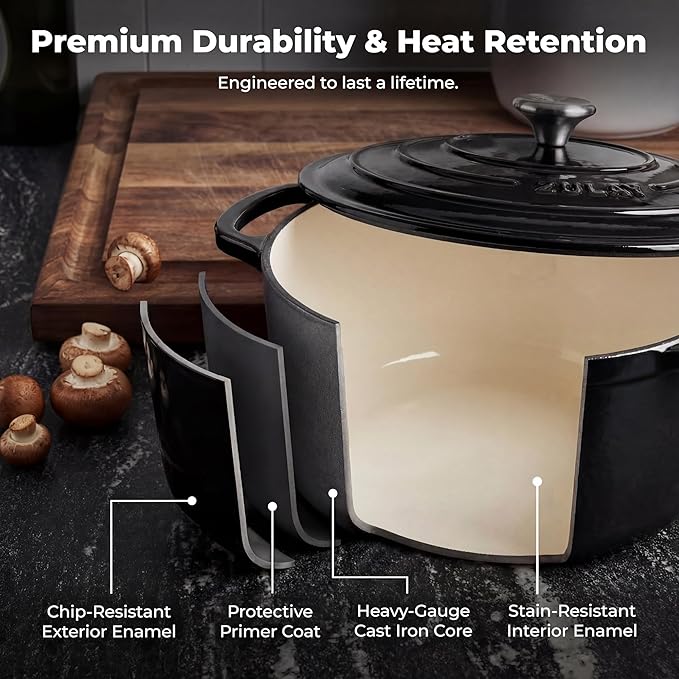 Zulay Kitchen 6.4 Quart Enameled Cast Iron Dutch Oven Pot with Lid – Premium Durability & Oven Safe up to 500°F – Heavy Duty Cookware Perfect for Bread Baking, Stews, Braising & Roasting - Black - Image 5