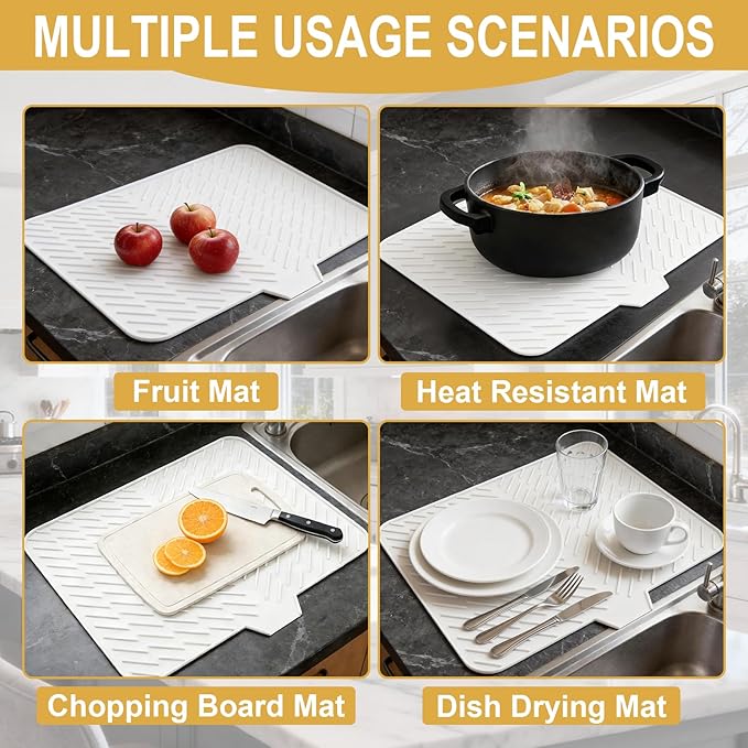 Silicone Dish Drying Mat 23x17,Food-Grade Silicone,Easy Clean Pad for Countertop Protection,Heat Resistant,Easy Clean,Non-Slip Drain Pad with Built-in Drain,Multi-Functional Use,White - Image 5