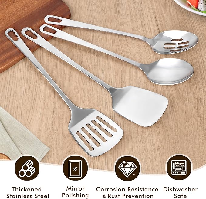 4 Pcs Cooking Utensils Set, Stainless Steel Kitchen Utensils, Heat Resistant Metal Kitchen Tools Include Solid & Slotted Turner Wok Spatula, Serving Spoon, Ergonomic Handle, Easy to Clean, Silver - Image 3
