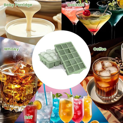 FANYITY Silicone Ice Cube Tray with Lid, Green, Pack of 4 Ice Cube Moulds, Silicone Mould, BPA-Free, Stackable Ice Cube Tray, Ice Cube Trays for Baby Porridge, Cocktail, Whiskey, Coffee