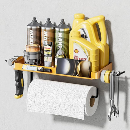 SUNTECH Garage Paper Towel Holder with Shelf, Yellow Heavy Duty Shop Towel Holder, Paper Towel Holder Wall Mount with 2 Hooks for Garage, Workshop, Tool Room Organization by Suntech