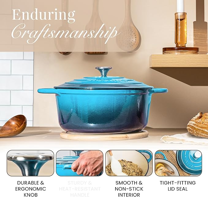 Nuovva Enamelled Cast Iron Dutch Oven Pot with Lid 6.4 Quart Non Stick Casserole Pot – Heavy Duty & Oven Safe up to 500° F for Bread Baking, Braising, Stews, Roasting – 28cm Light Blue - Image 6