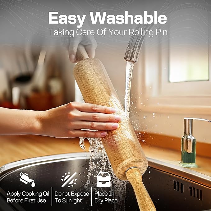 Wooden Rolling Pin 17.6 Inch with Rotating Ergonomic Handles – Classic Beech Wood Dough Roller for Baking Pizza, Pastry, Bread, and Cookies - Image 5