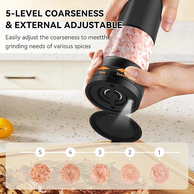 Electric Salt and Pepper Grinder Set, Upgrade 2-Speed Setting, External 5 Adjustable Coarseness, Rechargeable Automatic Salt & Pepper Shakers Mill with Battery Display, Storage Base & Led Light, Black - Image 3