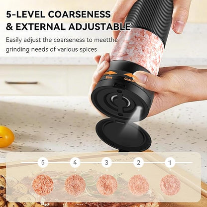 Electric Salt and Pepper Grinder Set, Upgrade 2-Speed Setting, External 5 Adjustable Coarseness, Rechargeable Automatic Salt & Pepper Shakers Mill with Battery Display, Storage Base & Led Light, Black - Image 3