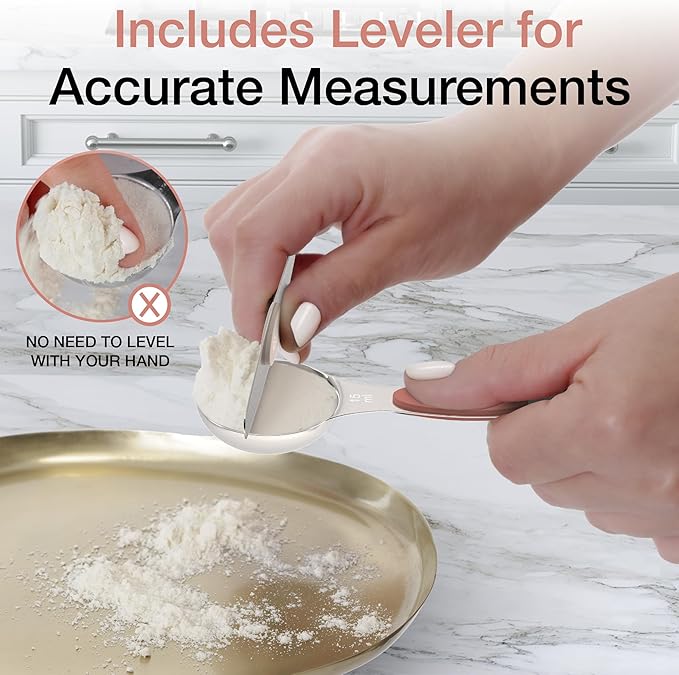 CuttleLab Magnetic Measuring Spoons Set - Stainless Steel, Double Ended, Stackable & Nested Design for Dry and Liquid Ingredients, Ideal for Spice Jars, 9-Piece Set with Leveler (Country Chic)