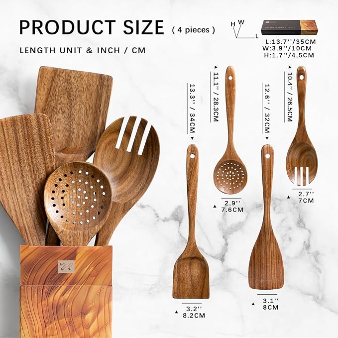 Wooden Spoons for Cooking, Nonstick Cooking Utensil Set with 4 Piece Acacia Wooden Spatulas and Spoons for Cooking, Terrific for Everyday Kitchen Tasks - Image 2