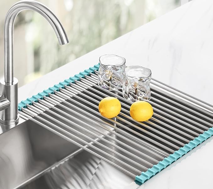 Tomorotec 21" x 15.5" Roll Up Dish Drying Rack Over Sink Drying Rack Sink Cover Kitchen Sink Accessories Gadget Multipurpose Organizer Foldable Stainless Steel Drainer - Image 8