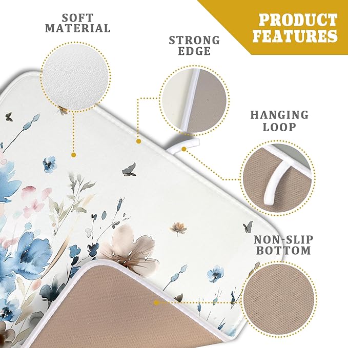 Giwawa Watercolor Floral Dish Drying Mat, 16"x18" Blue Grey Brown Flowers Kitchen Drainer Mats, Spring Summer Wildflower Microfiber Small Dish Drying Pad for Countertop Tabletop Decoration
