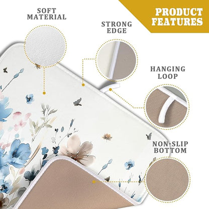 Giwawa Watercolor Floral Dish Drying Mat, 16"x18" Blue Grey Brown Flowers Kitchen Drainer Mats, Spring Summer Wildflower Microfiber Small Dish Drying Pad for Countertop Tabletop Decoration