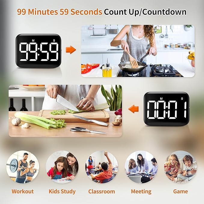 VOCOO Magnetic Kitchen Timer for Cooking with Count Up Countdown, Digital Timer Battery Powered with Large Display, 2 Brightness and Volume Levels for Classroom, Teacher, Kids (Dark Black) - Image 3