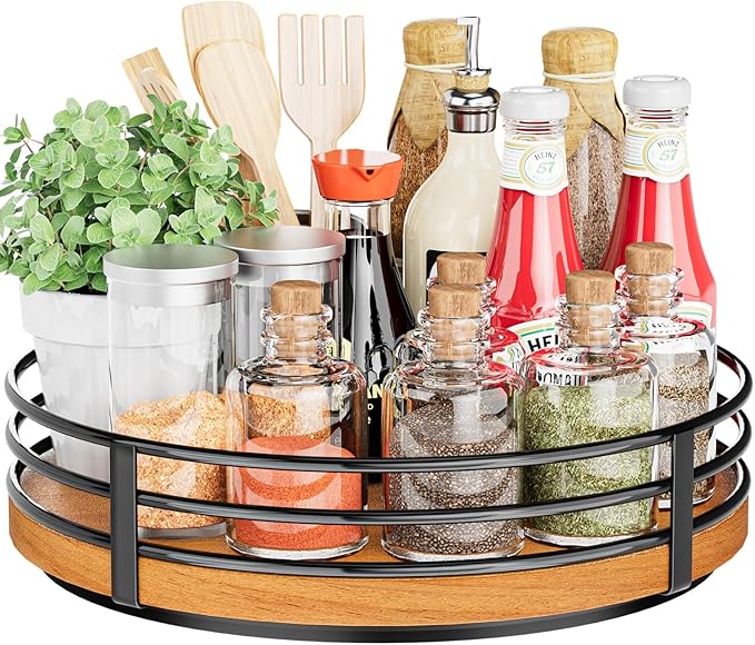 Wood Lazy Susan Turntable Organizer - 11" Round Wooden Lazy Susan for Cabinet Kitchen Countertop Dining Table Pantry Cupboard Bathroom Coffee Bar Spice Storage Home Decor by OVICAR