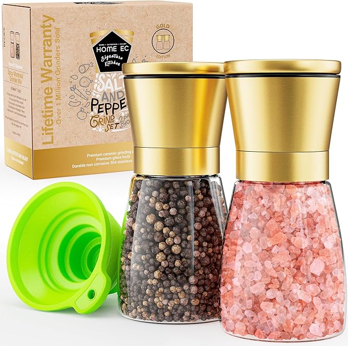 Home EC Original Gold Salt and Pepper Grinder Set of 2 - Adjustable Ceramic Grinder - Glass Salt and Pepper Shakers With Funnel and Ebook - Kitchen Spice Mill - Gold Kitchen Accessories by HOMEEC