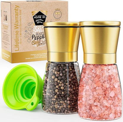 Home EC Original Gold Salt and Pepper Grinder Set of 2 - Adjustable Ceramic Grinder - Glass Salt and Pepper Shakers With Funnel and Ebook - Kitchen Spice Mill - Gold Kitchen Accessories by HOMEEC