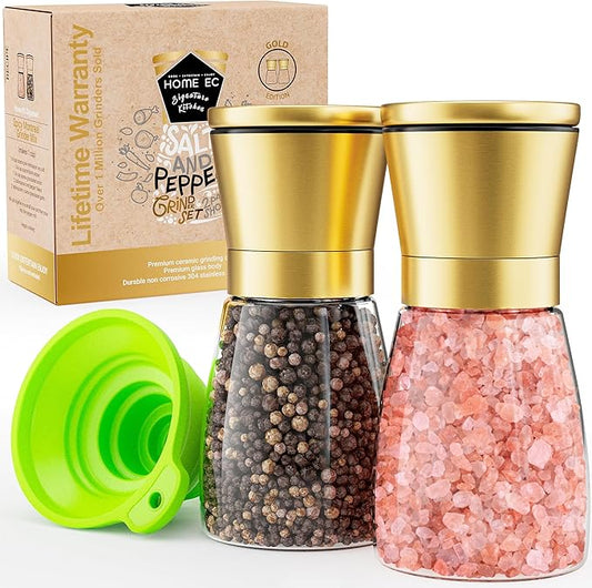 Home EC Original Gold Salt and Pepper Grinder Set of 2 - Adjustable Ceramic Grinder - Glass Salt and Pepper Shakers With Funnel and Ebook - Kitchen Spice Mill - Gold Kitchen Accessories by HOMEEC