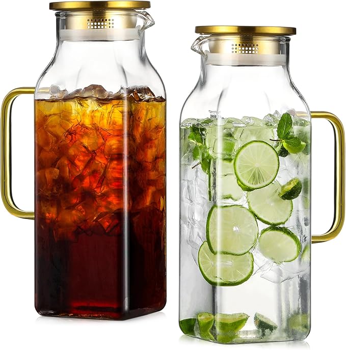 2 Pack 2 Liters/68 oz Square Glass Pitcher with Lid and Handle for Fridge, Iced Tea and Coffee Carafe Beverage Serveware, Heat Resistant Borosilicate Water Gold Jug for Hot/Cold Drinks and Milk by NETANY