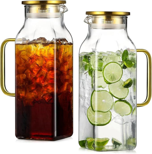 2 Pack 2 Liters/68 oz Square Glass Pitcher with Lid and Handle for Fridge, Iced Tea and Coffee Carafe Beverage Serveware, Heat Resistant Borosilicate Water Gold Jug for Hot/Cold Drinks and Milk by NETANY