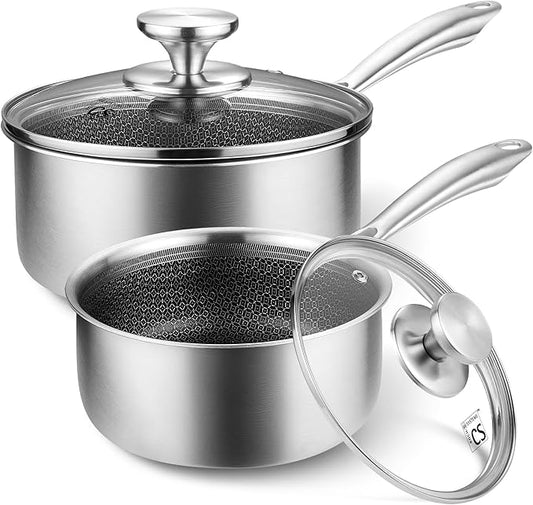 KOCH SYSTEME CS Hybrid Nonstick Stainless Steel Saucepan Set, 1QT & 2QT Triply Stainless Steel Saucepan Set with Hybrid Nonstick Honeycomb Interior, 4-Piece Sauce Pans, Induction Steel Pot Set by KOCHSYSTEMECS