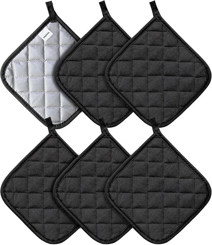 Joyhalo 6 Pack Pot Holders for Kitchen,Cotton Oven Holder with Great Heat Resistance,Non Slip Hot Pads for Kitchen Clearance,Black by Joyhalo