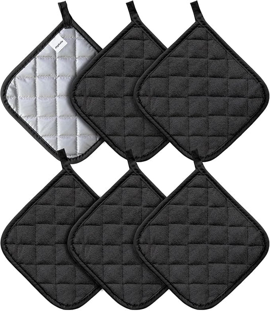 Joyhalo 6 Pack Pot Holders for Kitchen,Cotton Oven Holder with Great Heat Resistance,Non Slip Hot Pads for Kitchen Clearance,Black by Joyhalo