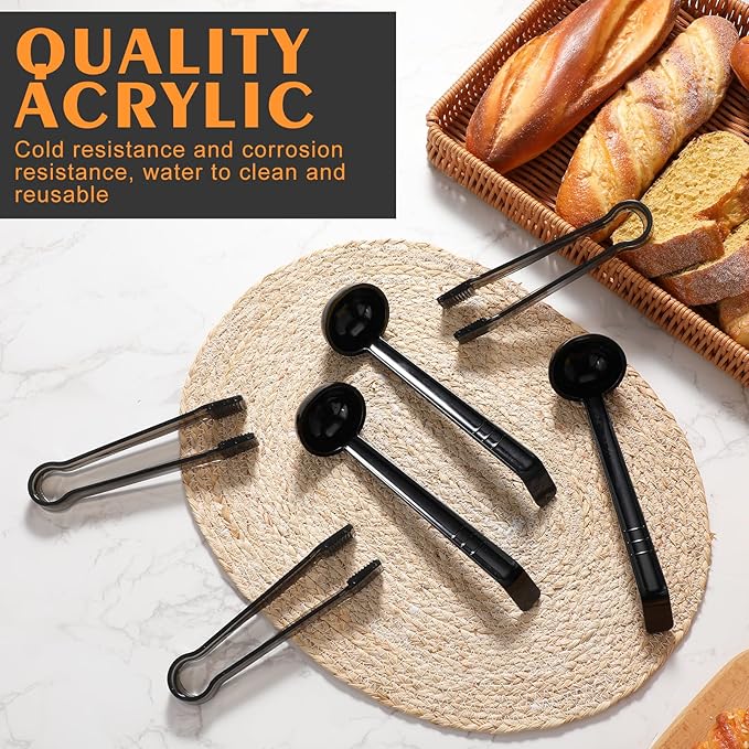 6 Pieces Plastic Serving Utensils Set Including 3 Pcs 1 oz Small Ladle and 3 Pcs Tong Acrylic Long Handle Ladle for Serving Sauce, Soup, Dressing, Punch Bowl, Gravy for Party Banquets Catering(Black) - Image 4