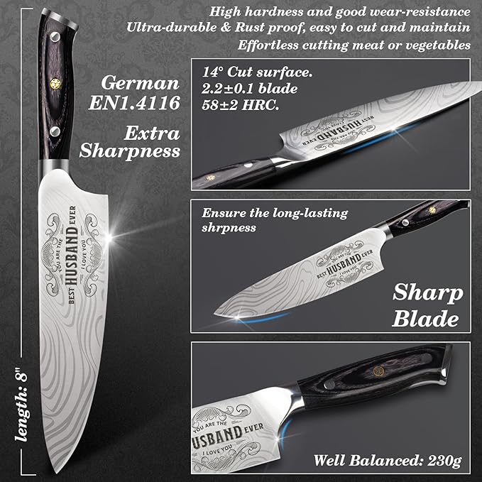 Funistree Gifts for Men Him Husband, 8 inch Professional German 1.4116 Chef Knife, Engraved Best Husband Ever Knife Gift, Easter Anniversary Birthday Gift for Men, Husband Him Gifts