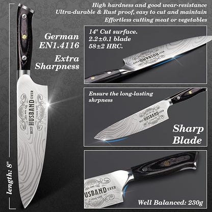 Funistree Gifts for Men Him Husband, 8 inch Professional German 1.4116 Chef Knife, Engraved Best Husband Ever Knife Gift, Easter Anniversary Birthday Gift for Men, Husband Him Gifts