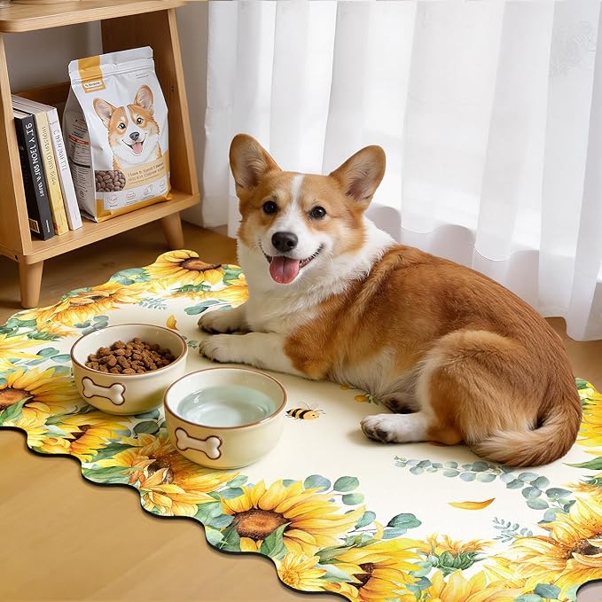 LOKHOM Scalloped Floral Dish Drying Mat, 17"x32" Super Absorbent Coffee Mat with Watercolor Yellow Sunflowers, Cuttable Hide Stain Non-slip Drying Mat for Kitchen Counter Coffee Maker Espresso Machine - Image 5