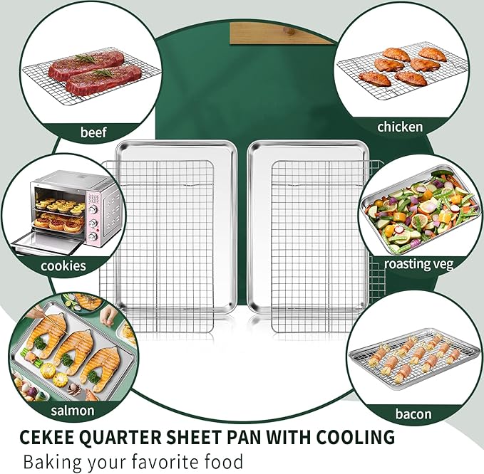 Quarter Sheet Pan with Cooling Rack Set [2 Baking Sheets + 2 Baking Racks], CEKEE Stainless Steel Cookie Sheets for Baking and Wire Rack - Rust & Warp Resistant & Nonstick, Size 12 x 9.8 x 1 Inch - Image 5