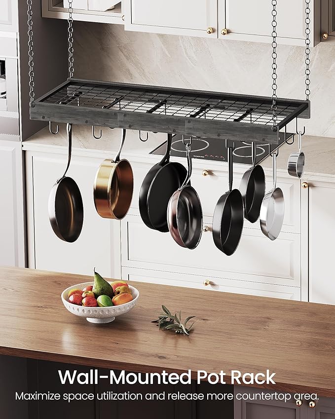 CHOEZON Hanging Pot Rack, 35.4" L x 13" W Ceiling Pot Hanger, Industrial Style Pot Rack, Wall Mounted Pot Hanger for Kitchen, Pot and Pan Hanging Rack, with Hooks, Charcoal Black and Black TPR12BCC1 - Image 2