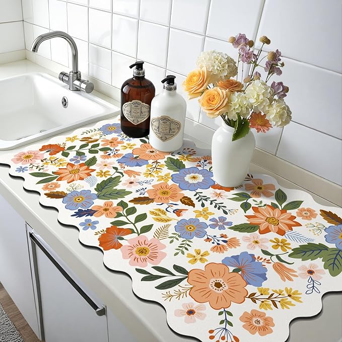 LOKHOM Scalloped Floral Dish Drying Mat, 17"x32" Super Absorbent Coffee Mat with Unique Spring Wildflowers, Cuttable Hide Stain Non-slip Drying Mat for Kitchen Counter Coffee Maker Espresso Machine - Image 9
