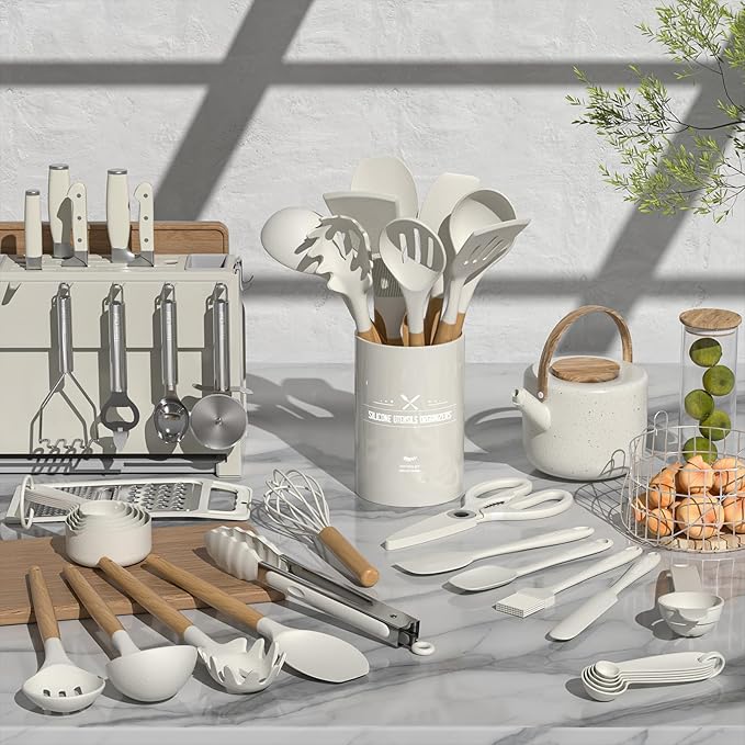Umite Chef Silicone Kitchen Utensil Set, 34PCS Heat Resistant Kitchen Gadgets and Tools With Grater, Cream White Wood Handles for Nonstick Cookware - Image 2