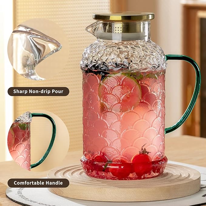 Buaic 2 PACK Glass Pitcher with Lid,68 oz/2 Liter Fish Scale Design Water Pitcher,Clear Borosilicate Glass Water Carafe for Cold Brew, Coffee, Lemonade, Iced Tea,Heat Resistant Water Glass Jug - Image 3
