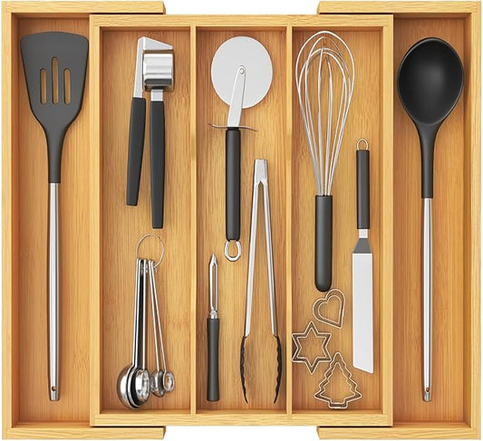Lifewit Utensil Organizer for Kitchen Drawer, Expandable Cooking Utensil Tray, Cutlery Silverware Flatware Holder, Wood Adjustable Spatula Tools Storage Divider, 13-22x15/ 33-56x38cm, Natural