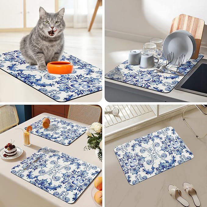 Bloss Dish Drying Mat, Multiple Usage Coffee Bar Mat, Kitchen Counter Mats, Absorbent Hide Stain Rubber Backed Dish Drying Pad(16.1"x24.1", Ink Cyan Flower) - Image 4