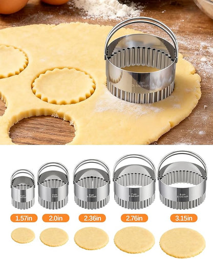 Biscuit Cutter Set with Handle, 5 Piece Stainless Steel Fluted Round Cookie Cutter Tool, Multi Size Wave Edge Dough Donut Cutters for Baking Cakes, Biscuits, Pastry Dough