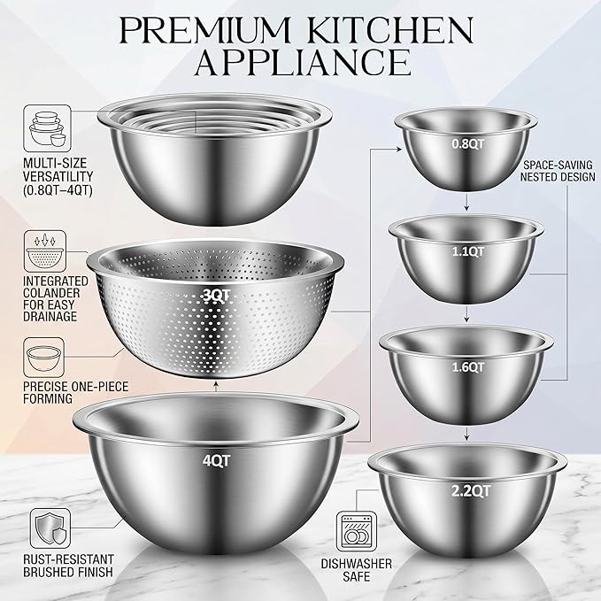 DUTZUN Heavy-Duty Stainless Steel Mixing Bowls Set of 5 plus 3QT Colander, Nesting Kitchen Metal Bowl for Baking Prep Salads Serving Cooking, Non-Toxic & Dishwasher Safe — 4.0 to 0.8 QT
