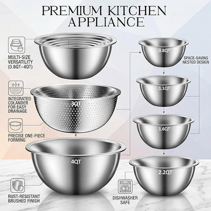 DUTZUN Heavy-Duty Stainless Steel Mixing Bowls Set of 5 plus 3QT Colander, Nesting Kitchen Metal Bowl for Baking Prep Salads Serving Cooking, Non-Toxic & Dishwasher Safe — 4.0 to 0.8 QT