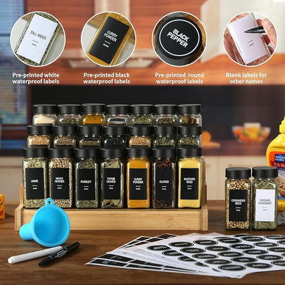 36 Glass Spice Jars with Labels, Spice Jar Set, 4oz Spice Containers, Seasoning Containers with Black Airtight Lids and Shaker Lids, Square Empty Spice Bottles, 492 Labels, 1 Funnel - Image 2