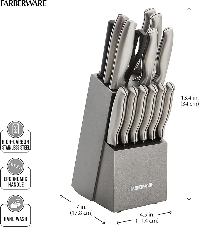 Farberware 15-Piece Stamped Stainless Steel Knife Block Set, High-Carbon Stainless Steel Kitchen Knife Set with Ergonomic Handles, Razor-Sharp Knives with Wood Block, 15-Piece Set, Graphite - Image 9