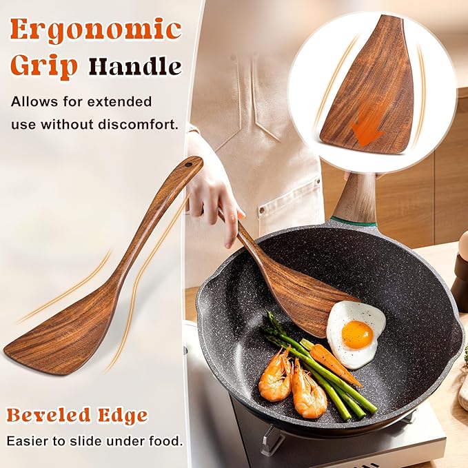 Wooden Spatula for Cooking, Acacia Wood Flat Frying Spatulas, Long Handle Spatula Turner for Non Stick Pans, Non-Scratch, Wooden Kitchen Utensils for Cooking, Frying, Baking - Image 2