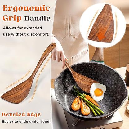 Wooden Spatula for Cooking, Acacia Wood Flat Frying Spatulas, Long Handle Spatula Turner for Non Stick Pans, Non-Scratch, Wooden Kitchen Utensils for Cooking, Frying, Baking - Image 2