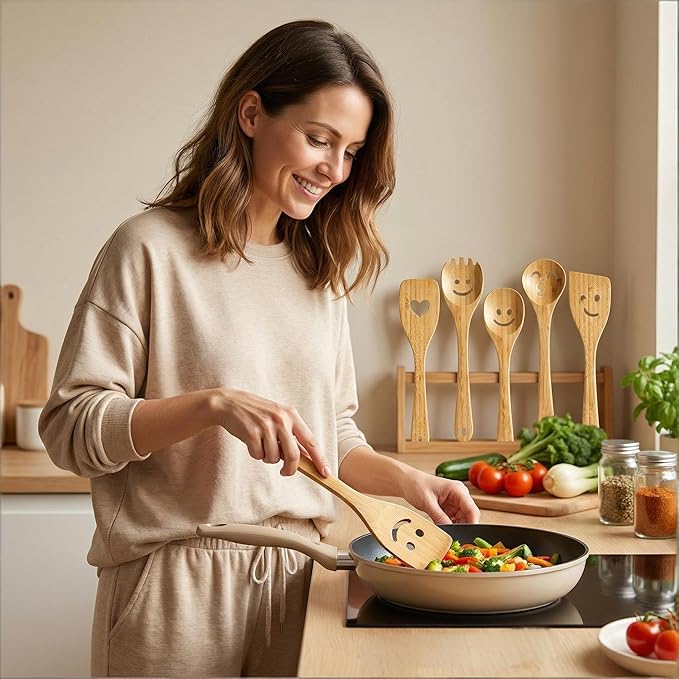 Fun Wooden Spoons for Cooking 5 Piece - Funny Kitchen Utensil Set Nonstick Smiley Face Cooking Spoons & Spatula Happy Cute Kitchen Accessories Unique Mothers Day Gifts Housewarming Gifts New Home