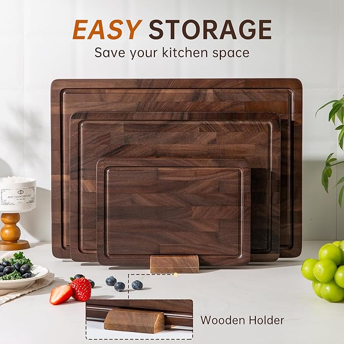 THETCHRY Walnut Wood Cutting Board Set, End Grain Cutting Boards for Kitchen with Handle, Non Toxic Wooden Charcuterie Boards Double Sided, Butcher Block for Meal Prep & Serving with Gift Box - Image 7